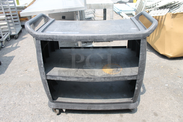Black Utility Push Cart With 2 Undershelves On Commercial Casters.