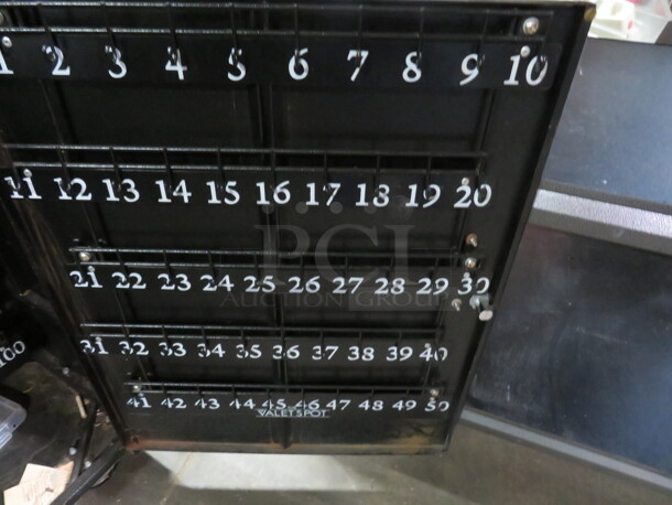 One Black Metal Valet/Hostess Stand With Umbrella Holder, Locking 1 Door/1 Drawer, On Casters. NO KEY! Will Hold 100 Car Keys. 24X19X48 - Image 4 of 5