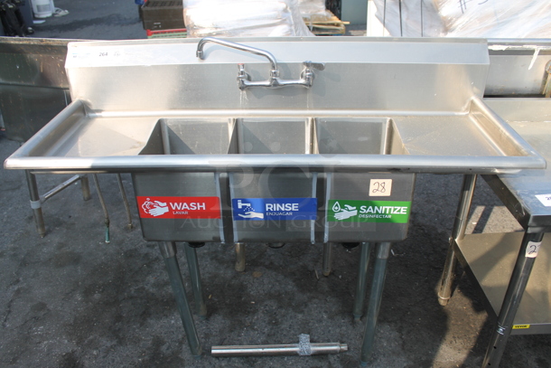 KoolMore SC101410-12B3 Commercial Stainless Steel 3 Bay Sink With Faucet And Left And Right Drain Boards on Galvanized Legs. 