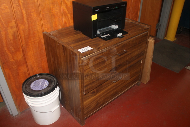 ALL ONE MONEY! Lot of Various Items Including Wood Pattern 2 Drawer Cabinet, Canon Printer, Cardboard Boxes and Poly Bucket. BUYER MUST REMOVE. - Image 2 of 6