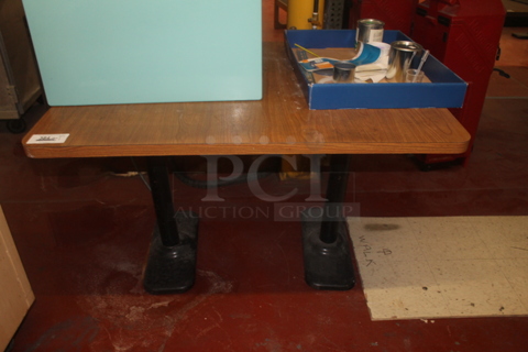 Wood Pattern Table on 2 Metal Table Bases w/ Contents. 
