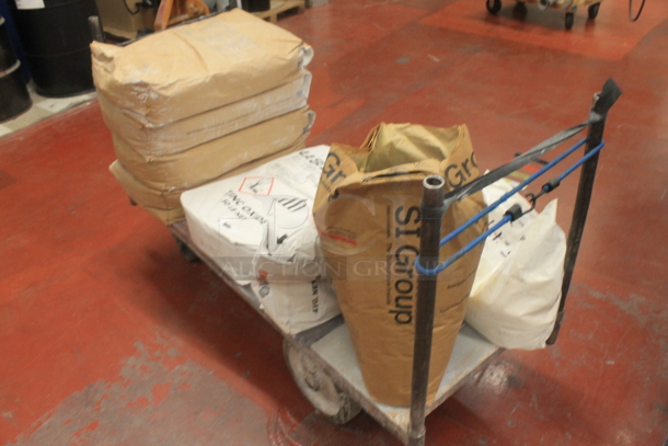 Metal Flat Cart w/ Various Bags Including Hydrous Magnesium Silicate on Casters. - Image 3 of 8
