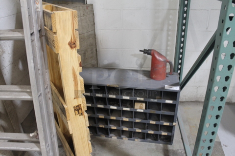 ALL ONE MONEY! Lot of Wooden Multi Compartment Filer, Gas Can and Pallet. BUYER MUST REMOVE.