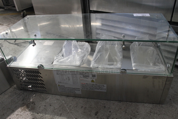 BRAND NEW SCRATCH AND DENT! KoolMore SCDC-3P-SSL Stainless Steel Commercial Countertop Refrigerated Rail w/ 3 Drop In Bins and Glass Sneeze Guard. 115 Volts, 1 Phase. Tested and Working! - Image 9 of 12