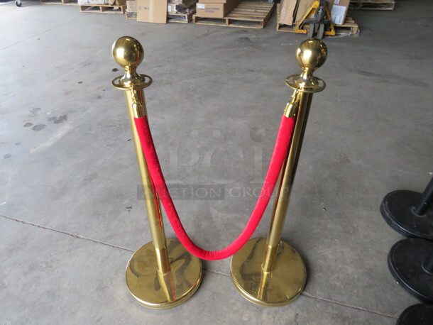 Gold Crowd Control Pole. With 1 Red Velvet Rope. 2XBID 