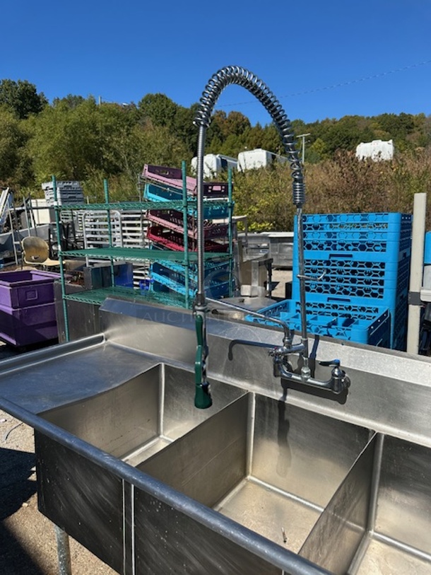 One 3 Compartment Stainless Steel Sink With Faucet And Hose Sprayer, And R/L Drain Boards. 91X31X42. Sink 18X24X14.  - Image 3 of 3