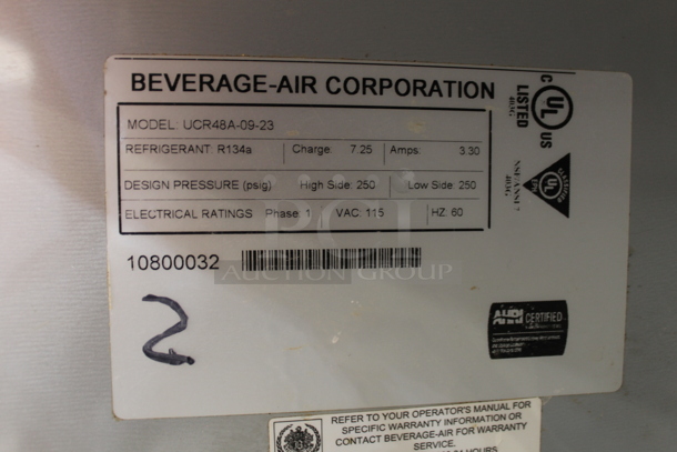 Beverage Air UCR48A-09-23 Stainless Steel Commercial 2 Door Undercounter Cooler on Commercial Casters. 115 Volts, 1 Phase. Tested and Working! - Image 4 of 4