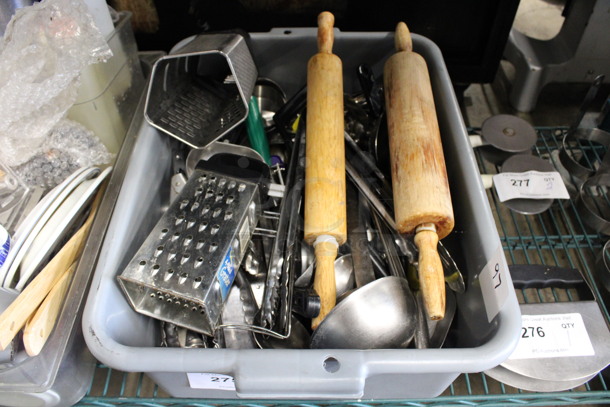 ALL ONE MONEY! Lot of Various Utensils Including Graters, Wooden Rolling Pins and Ladles in Gray Poly Bus Bin!