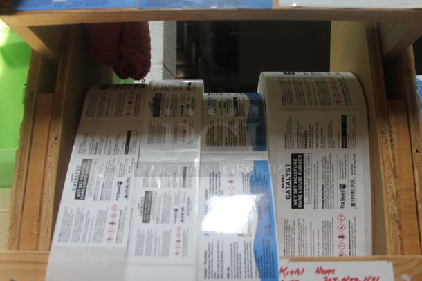 ALL ONE MONEY! Lot of Various Items Including Wooden Label Stand and 2 Cardboard Boxes of Poly Bottles. BUYER MUST REMOVE. - Image 2 of 6