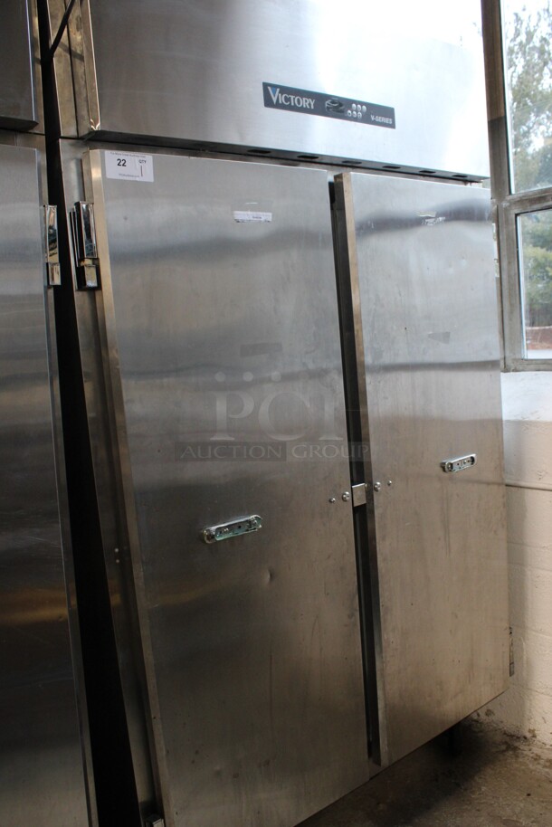 2013 Victory Model VF-SA-2D Stainless Steel Commercial 2 Door Reach In Freezer w/ Poly Coated Racks on Commercial Casters. 115 Volts, 1 Phase. 52.5x34x84. Tested and Working!