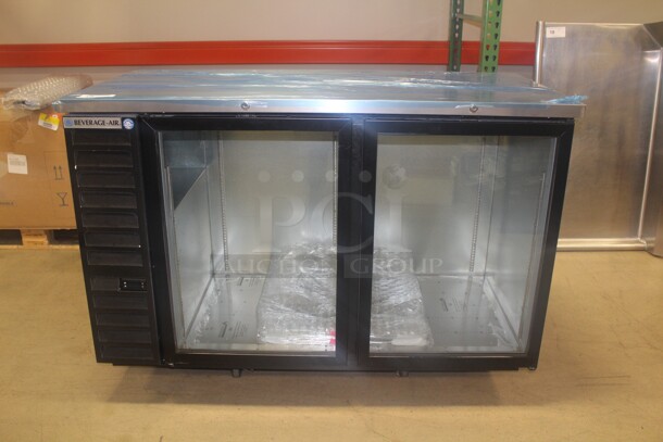 NEW! Beverage Air Model BB58HC-1-G-B Commercial Glass Door Bar Back Refrigerator/Cooler With Stainless Steel Top. 59x28x40. 115V/60Hz. 