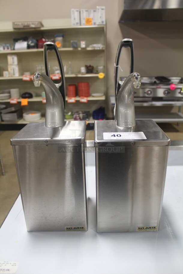 2 Commerical Stainless Steel San Jamar Condiment Dispensers With Dispenser Pumps. 7x7x20. 2X Your Bid!