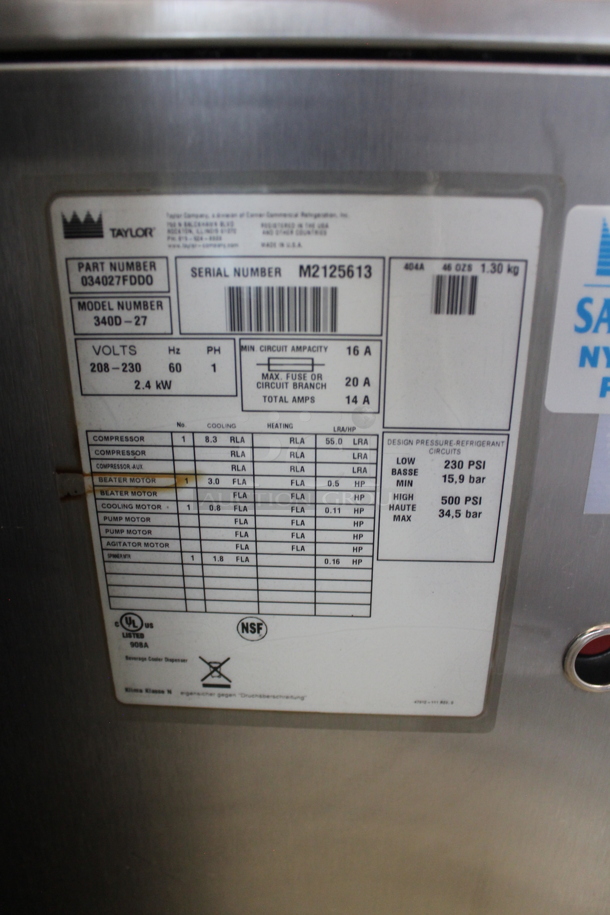 2012 Taylor 340D-27 Stainless Steel Commercial Countertop Air Cooled Single Flavor Frozen Beverage Machine w/ Drink Mixer Attachment. 208-230 Volts, 1 Phase. - Image 7 of 7