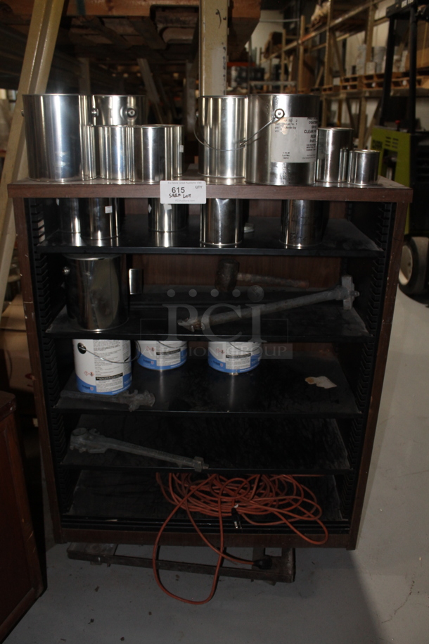 Wood Pattern Shelving Unit w/ Contents Including Metal Tins and Extension Cord. - Image 1 of 7