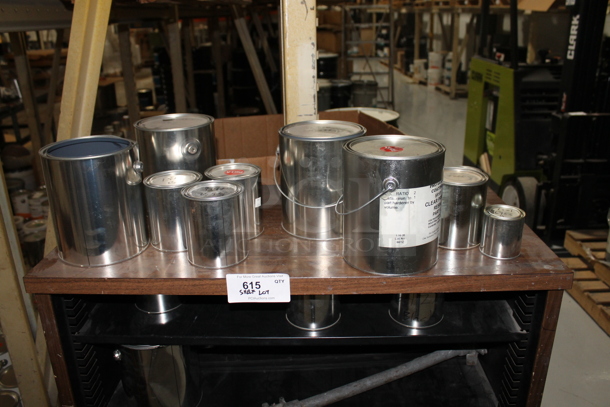 Wood Pattern Shelving Unit w/ Contents Including Metal Tins and Extension Cord. - Image 2 of 7