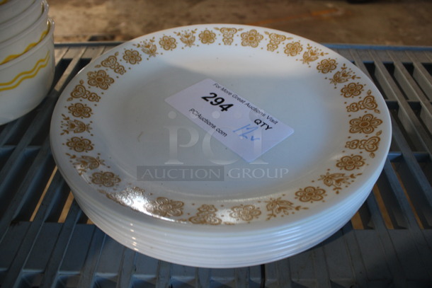 12 White Ceramic Plates w/ Brown Pattern on Trim. 10.5x10.5x1. 12 Times Your Bid!