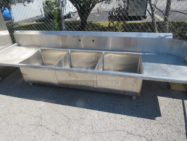 One Stainless Steel 3 Compartment Sink With R/L Drain Boards, Back Splash. No LEGS. 100X30X24 - Image 1 of 1