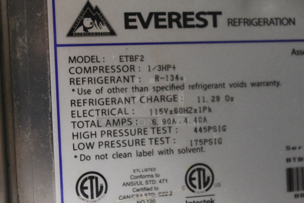 Everest ETBF2 Stainless Steel Commercial 2 Door Undercounter Freezer on Commercial Casters. 115 Volts, 1 Phase. Tested and Powers On But Does Not Get Cold - Image 6 of 6
