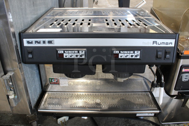 Unic Model TW.RUMBA Stainless Steel Commercial 2 Group Espresso Machine w/ 2 Steam Wands. 220 Volts, 1 Phase. 26x22.5x23