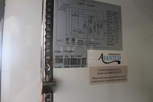 Avantco 178A49RHC Stainless Steel Commercial 2 Door Reach In Cooler w/ Poly Coated Racks on Commercial Casters. 115 Volts, 1 Phase. Tested and Working! - Image 6 of 6