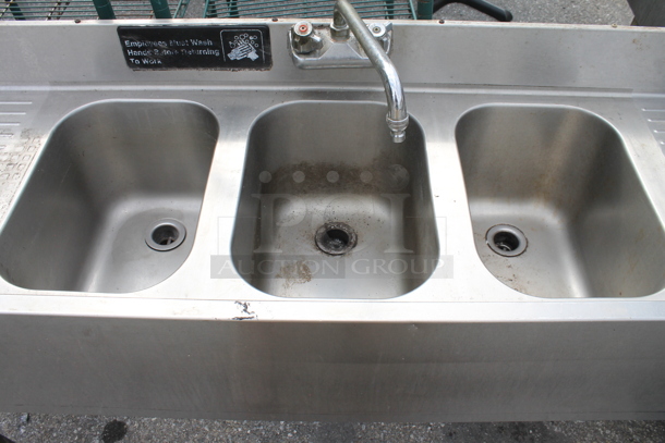 Stainless Steel Commercial 3 Bay Bar Sink w/ Dual Drain Boards, Faucet and Handles. Bays 10x14. Drain Boards 12.5x16.5 - Image 3 of 4