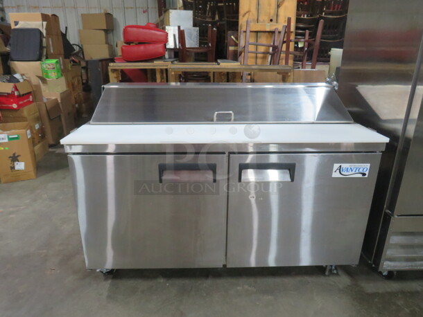 One Working Avantco 2 Door Refrigerated Prep Table With 2 Racks, And  Cutting Board On Casters. Model# 178APT60HC. 115 Volt. 60X31X43.