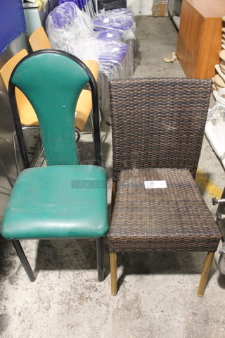 2 Various Dining Height Chairs; Brown Wicker Style and Green w/ Black Metal Frame. Includes 17x18x40. 2 Times Your Bid!