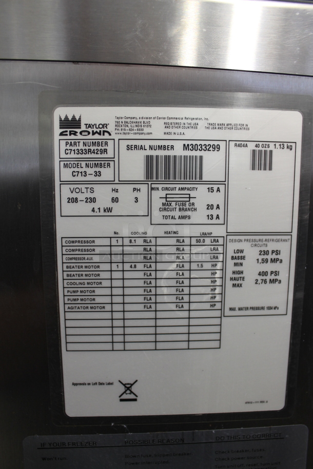 2013 Taylor C723-33 Stainless Steel Commercial Water Cooled Floor Style 2 Flavor w/ Twist Soft Serve Ice Cream Machine on Commercial Casters. 208-230 Volts, 3 Phase. - Image 9 of 11