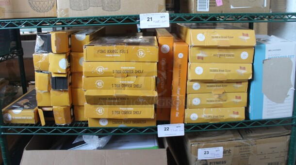 ALL ONE MONEY! Tier Lot of Various BRAND NEW SCRATCH AND DENT! Items Including 6 Foldable Bread Slicers, Dispenser Set, 6 3 Tier Corner Shelf and In Drawer Knife Block - Image 1 of 4