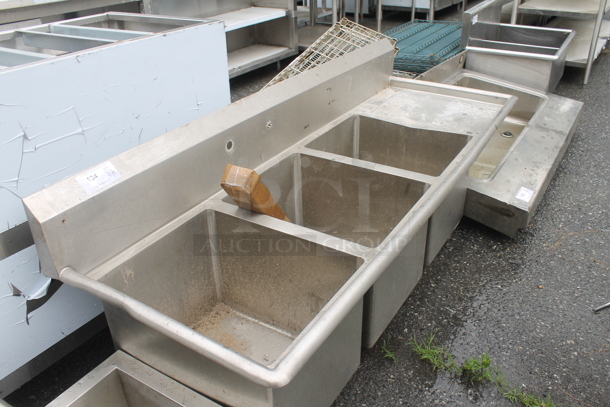 Stainless Steel Commercial 3 Bay Sink w/ Right Side Drain Board. No Legs. Bays 16x20x14. Drain Board 16.5x22 - Image 2 of 3
