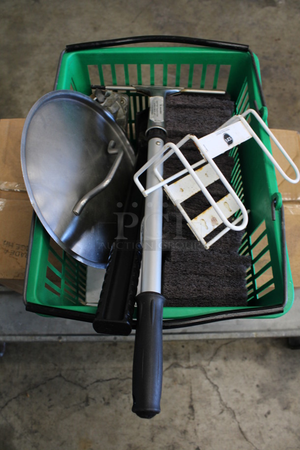ALL ONE MONEY! Lot of Various Items Including Squeegee, Cleaning Pads in Green Shopping Basket!