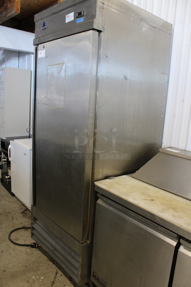 Jimex Model JFD-23R Stainless Steel Commercial Single Door Reach In Cooler w/ Poly Coated Racks on Commercial Casters. 115 Volts, 1 Phase. 29.5x32.5x81.5. Tested and Powers On But Temps at 45 Degrees - Image 3 of 6