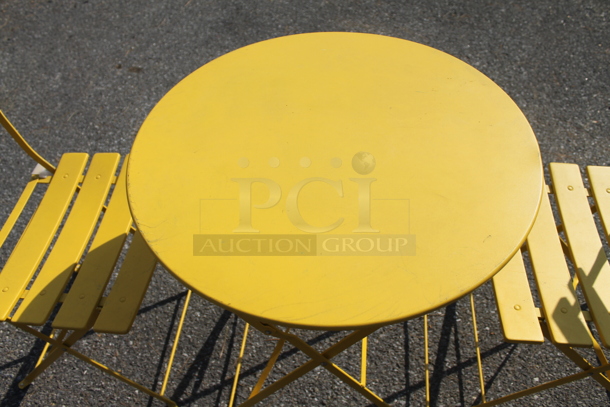 Yellow Metal Round Folding Table and 2 Yellow Metal Folding Chairs. 23.5x23.5x27.5, 16.5x14.5x32 - Image 2 of 5