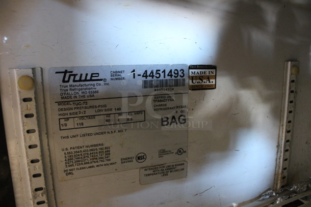 True Model TUC-72 Stainless Steel Commercial 3 Door Undercounter Cooler on Commercial Casters. 115 Volts, 1 Phase. 72x30x35. Tested and Working! - Image 5 of 6