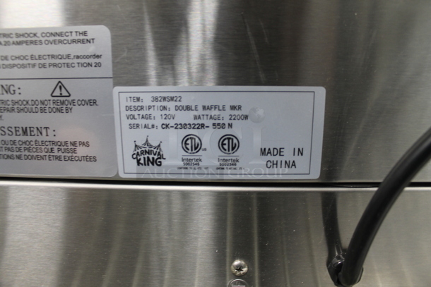 BRAND NEW SCRATCH AND DENT! 2023 Carnival King 382WSM22 Stainless Steel Commercial Countertop Double Waffle Maker. 120 Volts, 1 Phase. Tested and Working! - Image 5 of 5