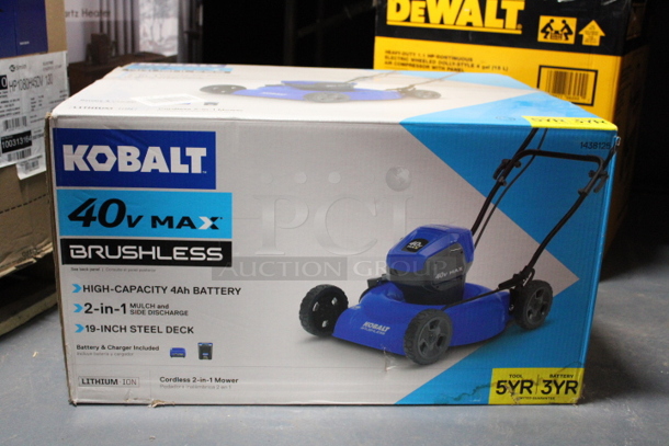 Kobalt 40-volt Max 19-in Push Cordless Lawn Mower 4 Ah (Battery & Charger Included). Kobalt  4.0 ah battery gives you the power you need for yards up to 1/4 acre
2-1 design features mulching and side discharge capabilities
7-position single lever height adjuster for the perfect cut on all grass types
 - Image 1 of 1