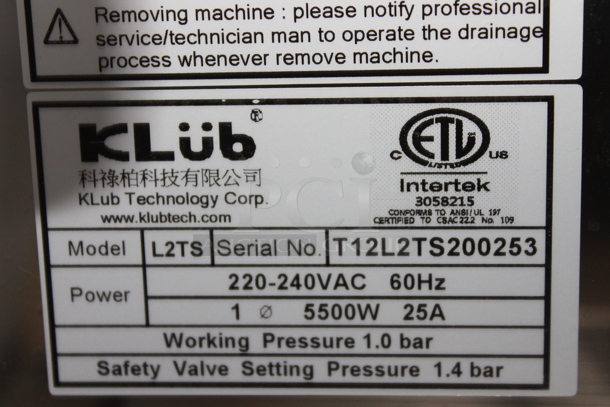 BRAND NEW SCRATCH AND DENT! KLub L2TS Stainless Steel Commercial Countertop 2 Group Espresso Machine w/ 2 Portafilters and 2 Steam Wands. 220-240 Volts, 1 Phase. - Image 6 of 7