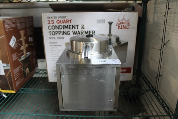 BRAND NEW SCRATCH AND DENT! Carnival King 382HSPW35 Stainless Steel Electric Countertop 3.5 Quart Condiment And Topping Warmer With Pump. 120V. Tested And Working!