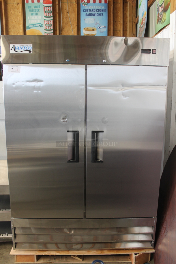 BRAND NEW SCRATCH AND DENT! Avantco 178A49RHC Stainless Steel Commercial  Two Door Reach In Cooler w/ Poly Coated Racks. 115 Volts, 1 Phase. Tested and Working! - Image 1 of 10