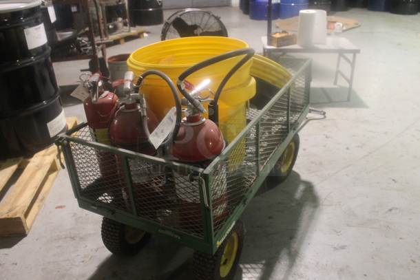 Green Metal Mesh Wagon w/ Contents Including Poly Bin and Fire Extinguishers. Buyer Must Pick Up - We Will Not Ship This Item - Image 2 of 5