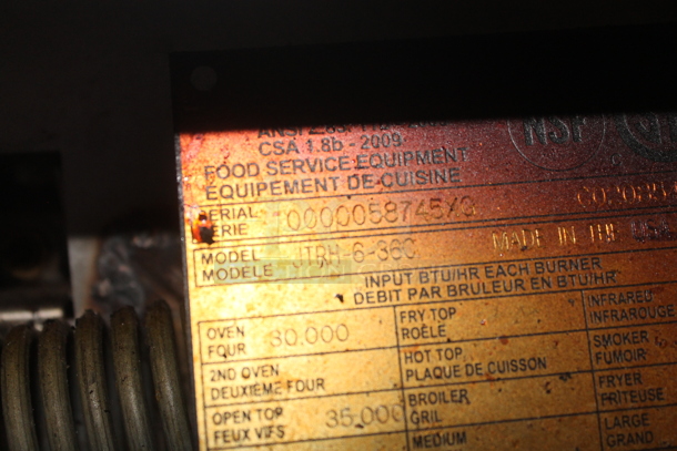 Jade Range JTHR-6-36C Stainless Steel Commercial Natural Gas Powered 6 Burner Range w/ Convection Oven, 2 Tier Over Shelf and Back Splash on Commercial Casters. 35,000 BTU. - Image 8 of 9