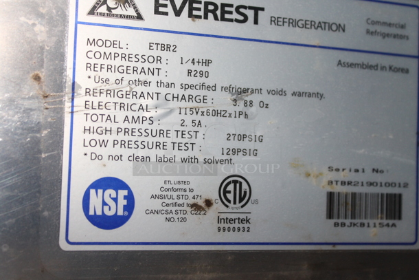 Everest ETBR2 Stainless Steel Commercial 2 Door Undercounter Cooler on Commercial Casters. 115 Volts, 1 Phase. Tested and Working! - Image 5 of 5