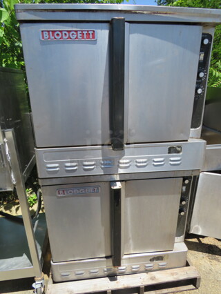 One Double Stack Blodgett Full Size Natural Gas Convection Oven On Casters. 38X40X64