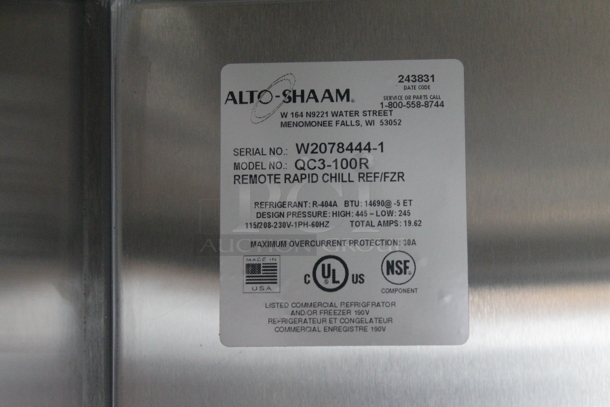 BRAND NEW! 2019 Alto Shaam QC3-100R Stainless Steel Commercial Floor Style Blast Chiller w/ 3 Probes. Comes w/ Remote RivaCold Compressor and Metal Pan Transport Rack. Pan Rack Appears To Be a Little Too Big To Roll In. 115/208-230 Volts, 1 Phase. Stock Picture Used as Gallery Picture - Image 9 of 12