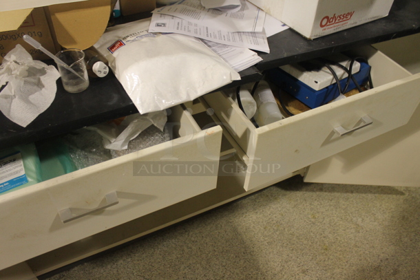 White Counter w/ Black Countertop, Doors, Drawers and Contents. BUYER MUST REMOVE. - Image 9 of 10