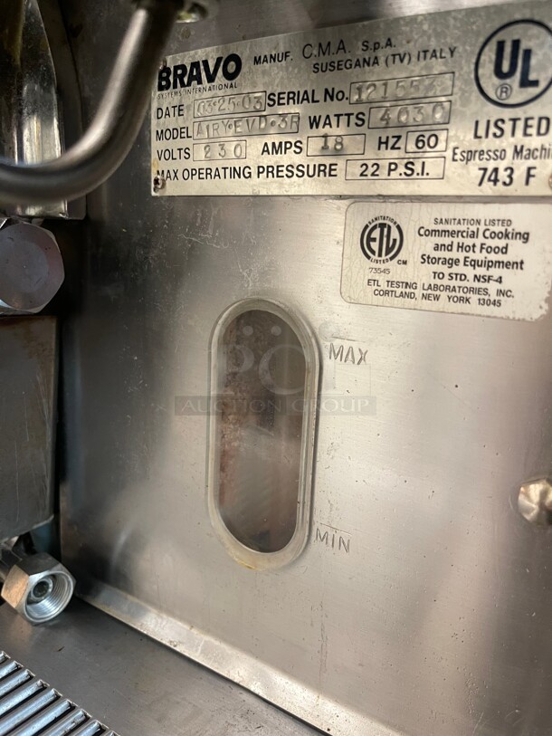 Bravo CMA WEGA Bravo Systems (Wega Italy)  EVD-3 3 Group Commercial Expresso Machine Made In Italy NSF 230 Volt  - Image 8 of 8