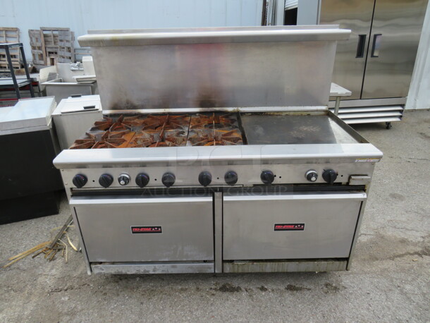 One Tristar Natural Gas 6 Burner/24 Inch Griddle Double Oven Range With 2 Racks And A  Stainless Steel Over Shelf On Casters. 60X33X57. Model# TSR-G24RH-6-E26L.  - Image 1 of 4