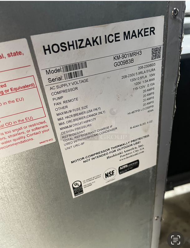 Hoshizaki KM-901MRH with URC-9F, Cresent Cuber Icemaker, Remote Cooled - Image 4 of 6