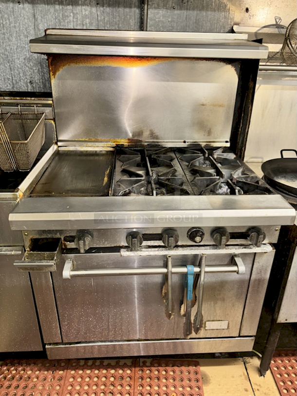 OUTSTANDING! American Range AR-12G-4B 36” Combination (4) Open Burners & 12” Griddle Plate, 3" Wide Grease Collector With Oven Base, Natural Gas. 183,000BTU 36x32-1/2x56 - Image 1 of 3
