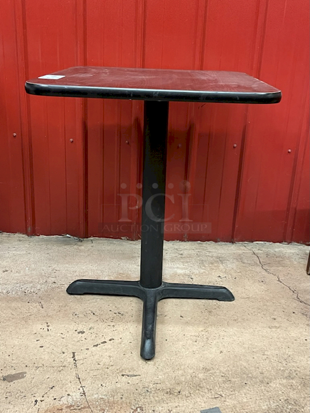 HIGH END! Lancaster Table & Seating Standard Height Table with 36" x 36" Reversible Cherry / Black Table Top and Round Cast Iron Base Plate - Seats 2 - 4 Chairs.  - Image 5 of 6